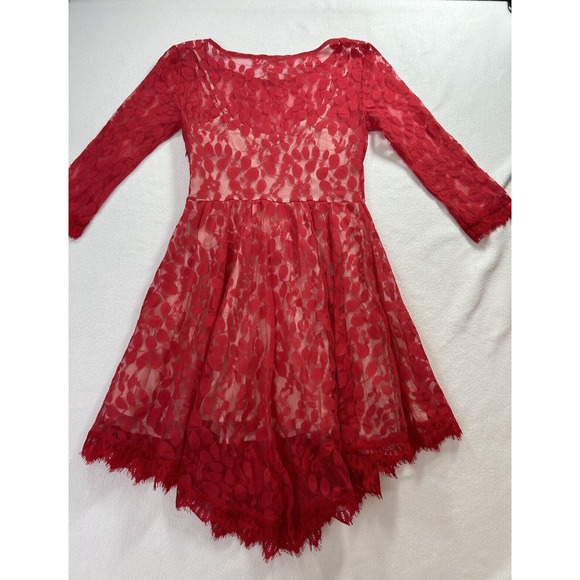 Free People Dresses & Skirts - Free People Dress Womens sz. 0 Red Floral Lace Fit Flare 3/4 Sleeve Stretch Boho